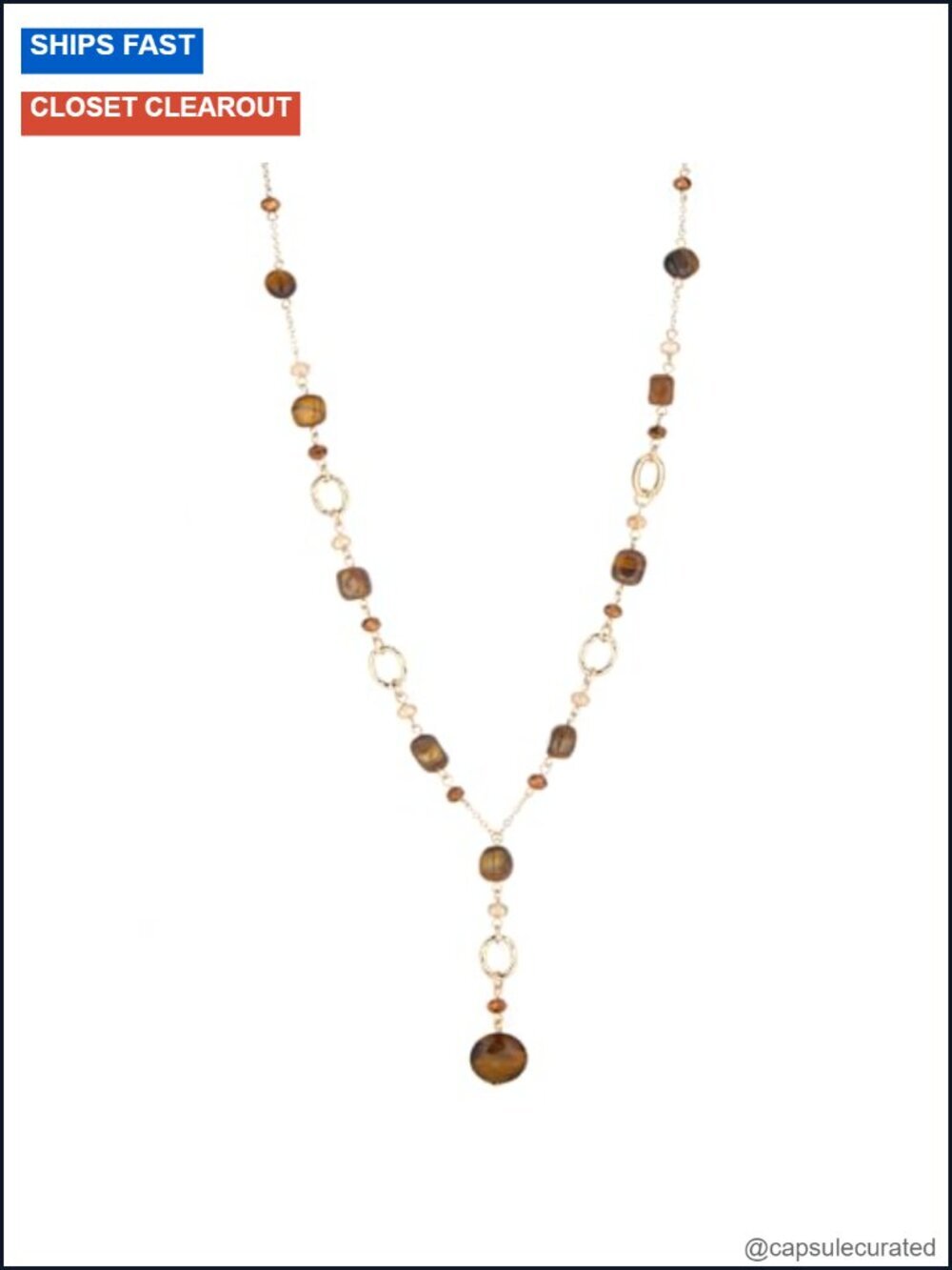 Natural Stone Bead Y-Shape Pendant Necklace 26in Gold Plated Alloy Boho Sweater